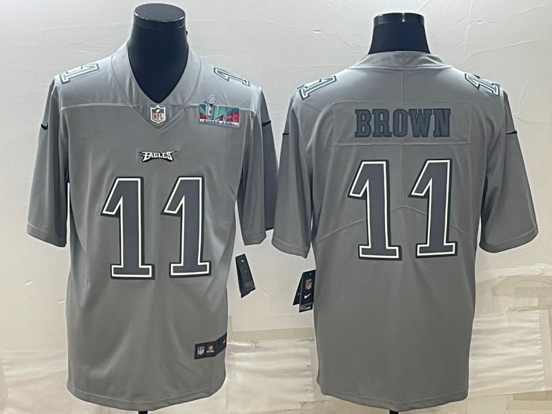 Men's Philadelphia Eagles #11 A.J. Brown Gray Super Bowl LVII Patch Atmosphere Fashion Stitched Jersey Men's Philadelphia Eagles #11 A.J. Brown Gray Super Bowl LVII Patch Atmosphere Fashion Stitched Jersey